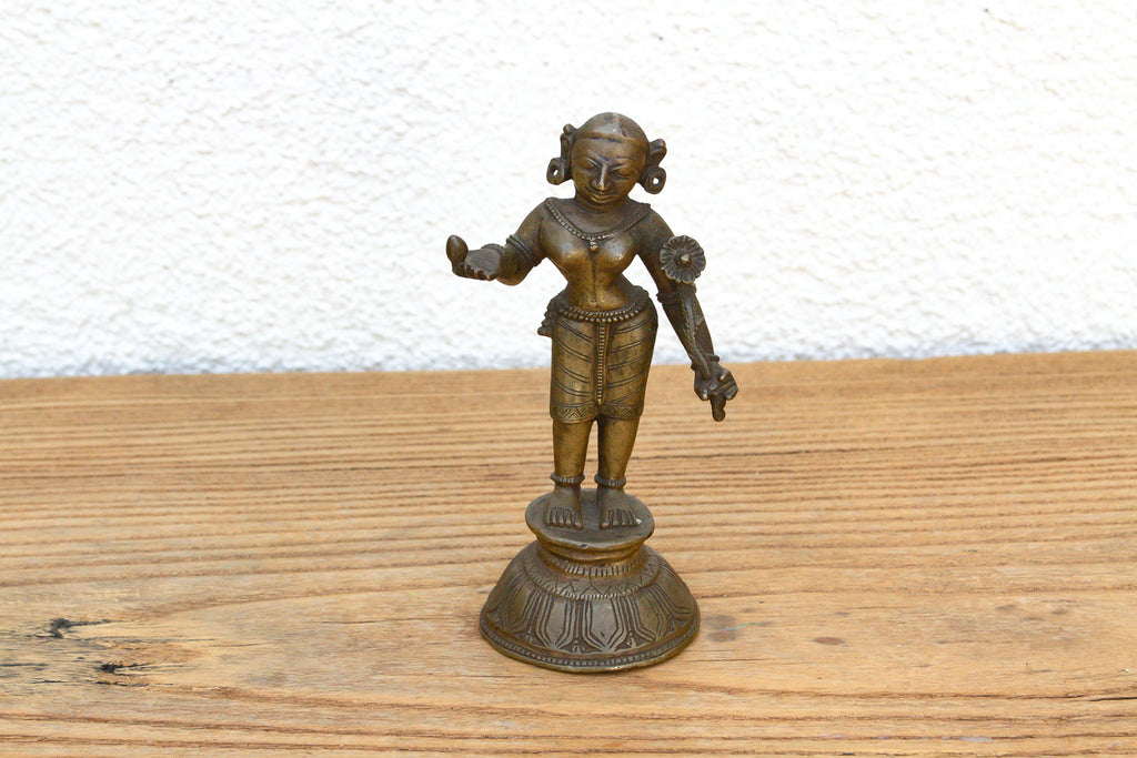Indian Lost-Wax Bronze Attendant with Sunflower Offering