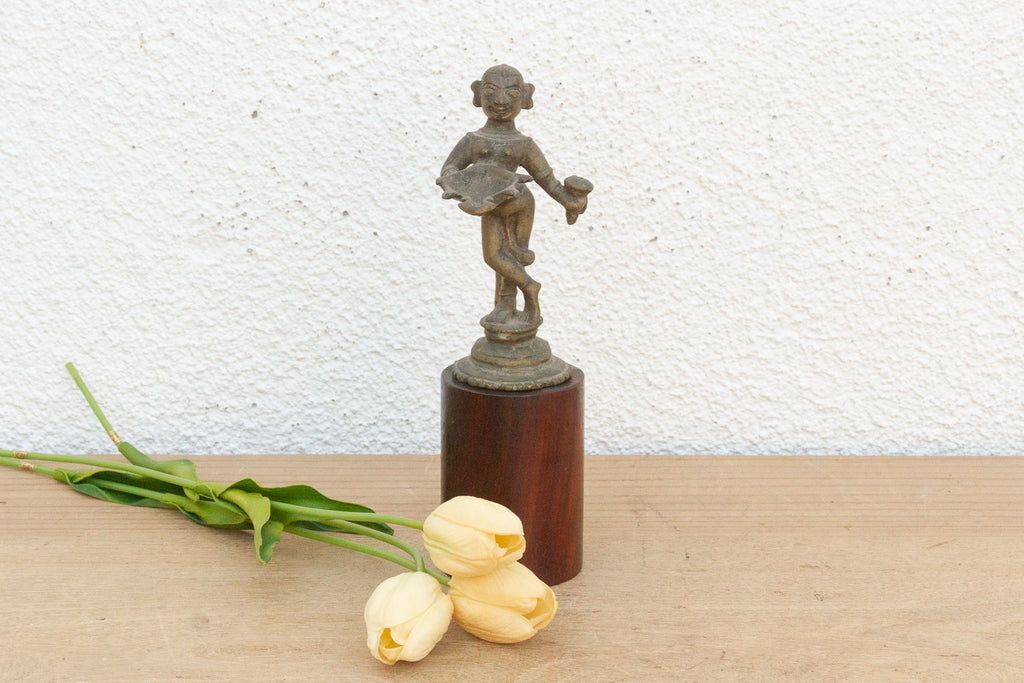 Antique Indian Brass Folk Figure on Stand