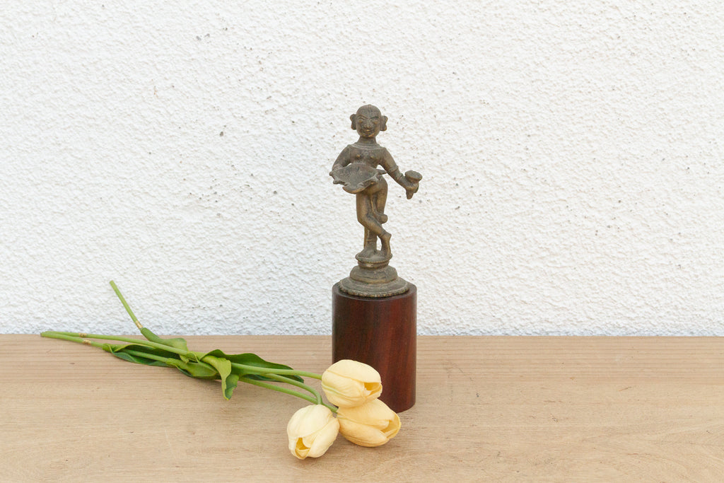 Antique Indian Brass Folk Figure on Stand