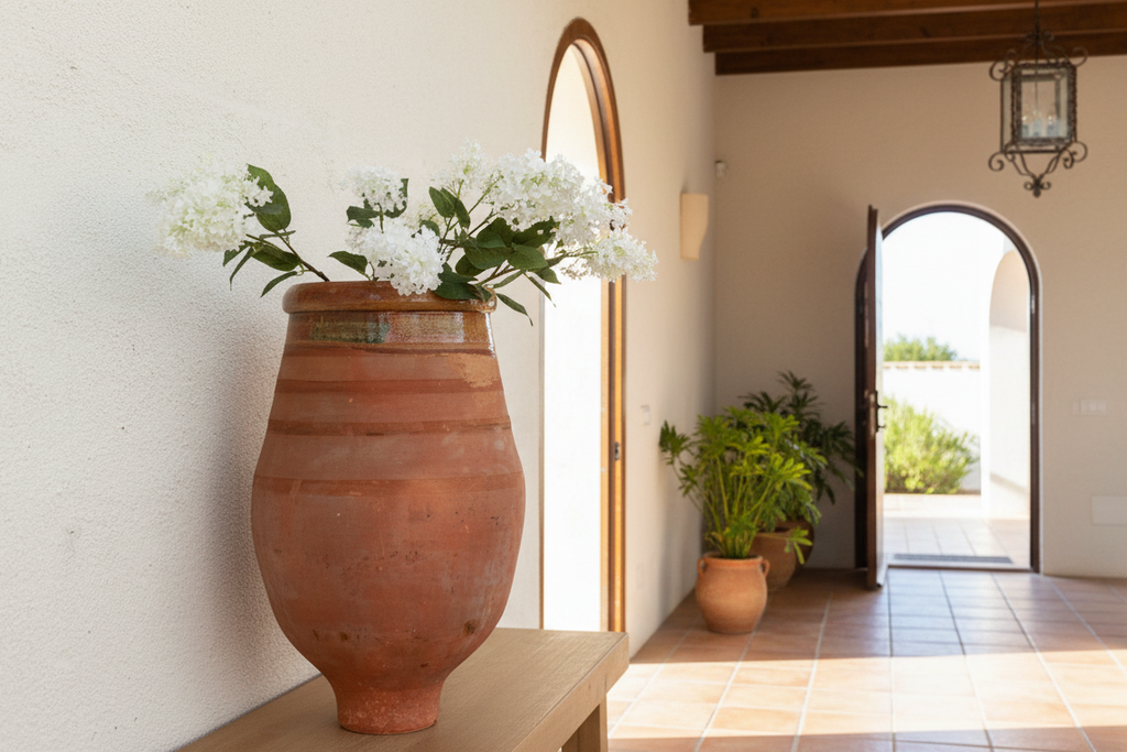 Large Mediterranean Terracotta Glazed Rim Floor Vase (Trade)