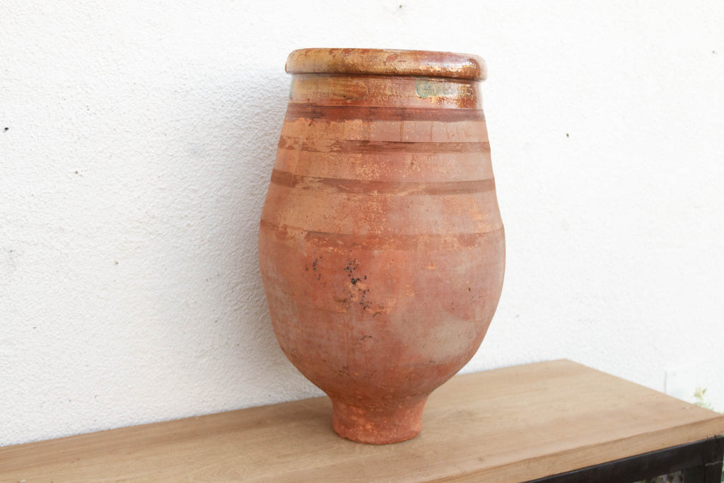 Large Mediterranean Terracotta Glazed Rim Floor Vase