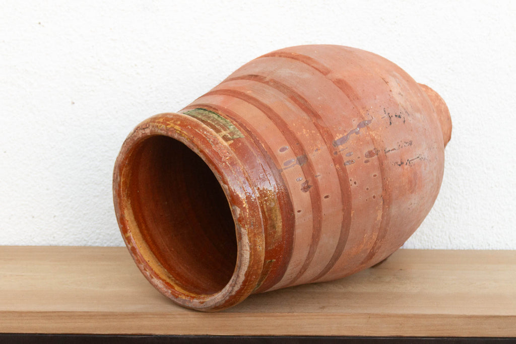 Large Mediterranean Terracotta Glazed Rim Floor Vase