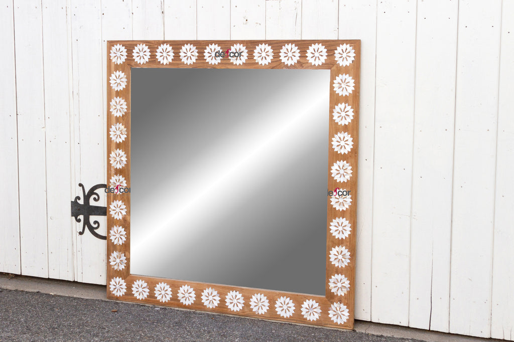 Square Reclaimed Teak Blossom Mother of Pearl Inlay Mirror