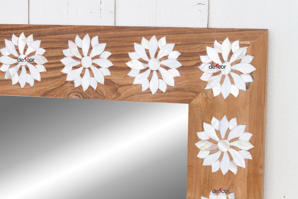 Square Reclaimed Teak Blossom Mother of Pearl Inlay Mirror