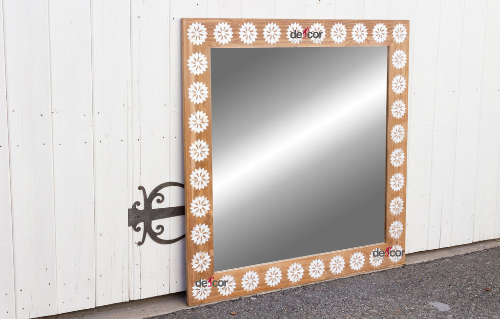 Square Reclaimed Teak Blossom Mother of Pearl Inlay Mirror