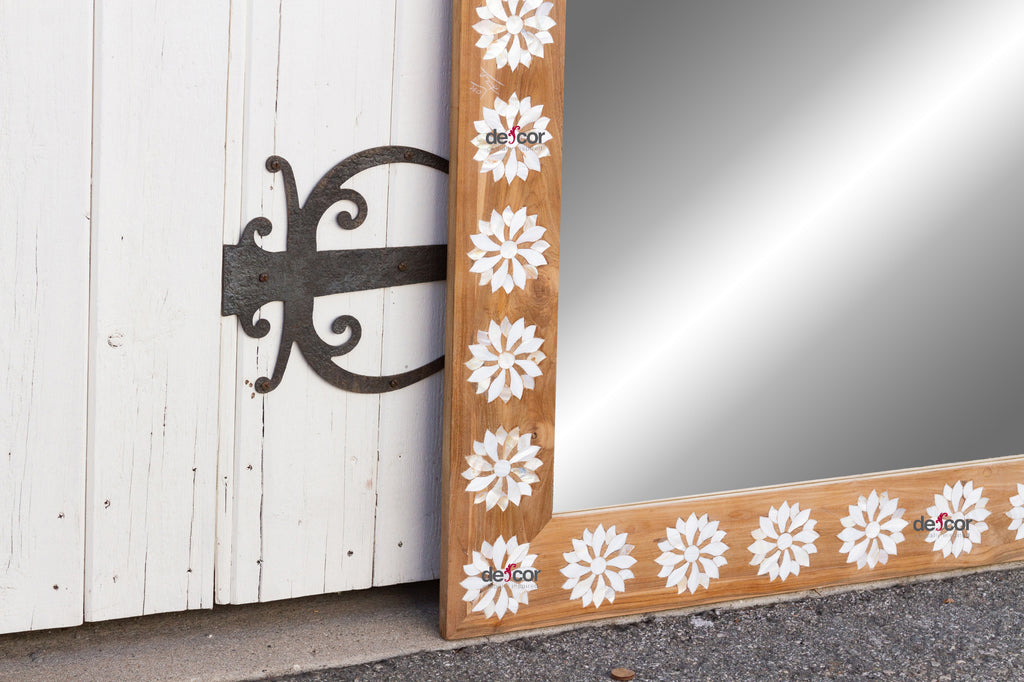 Square Reclaimed Teak Blossom Mother of Pearl Inlay Mirror