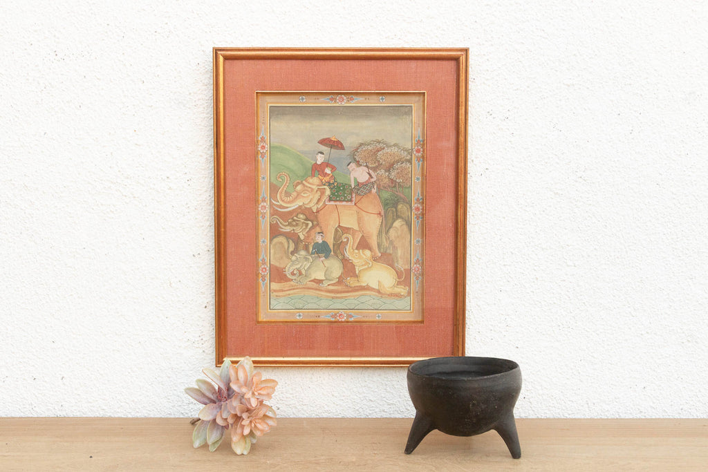 Antique Framed Thai Elephant Procession Painting
