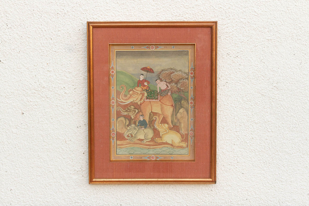 Antique Framed Thai Elephant Procession Painting