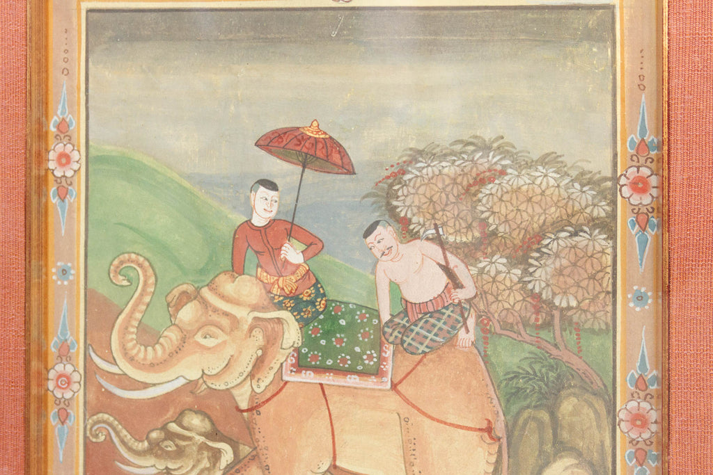 Antique Framed Thai Elephant Procession Painting
