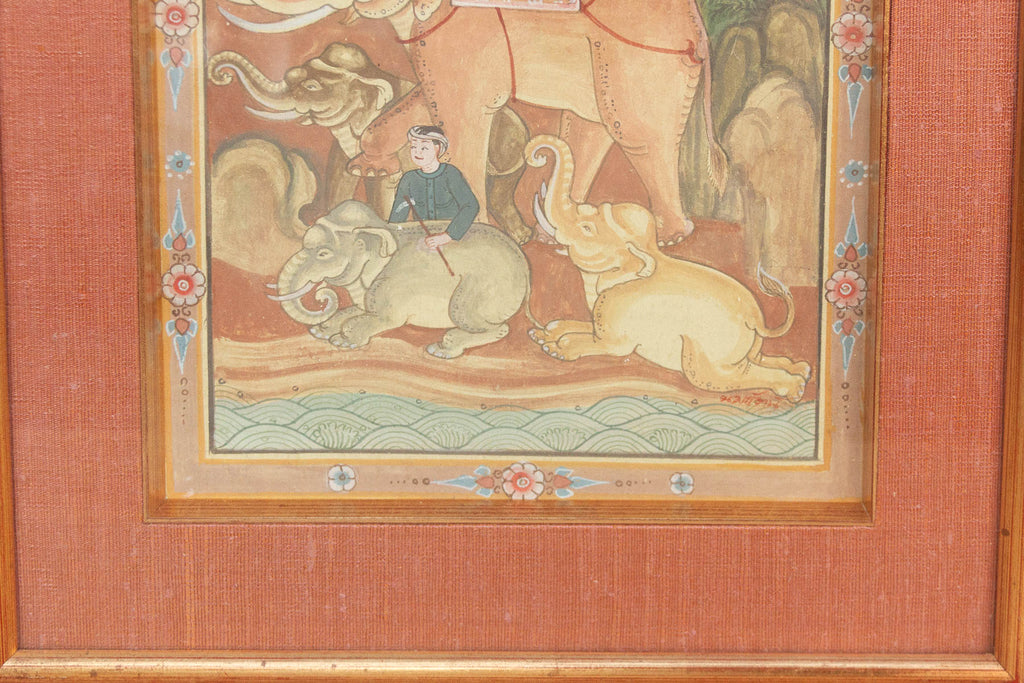 Antique Framed Thai Elephant Procession Painting