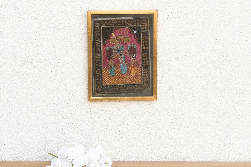Antique Lord Krishna & Gopis Framed Painting