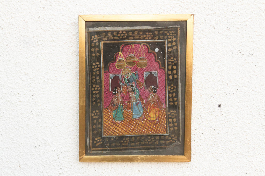 Antique Lord Krishna & Gopis Framed Painting