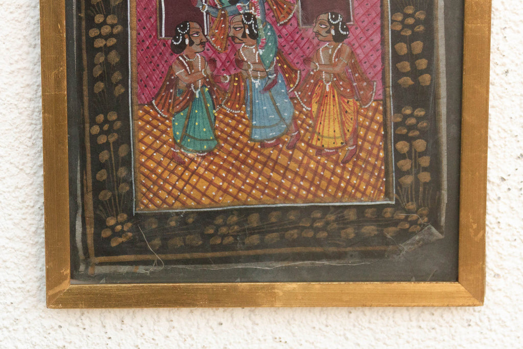 Antique Lord Krishna & Gopis Framed Painting