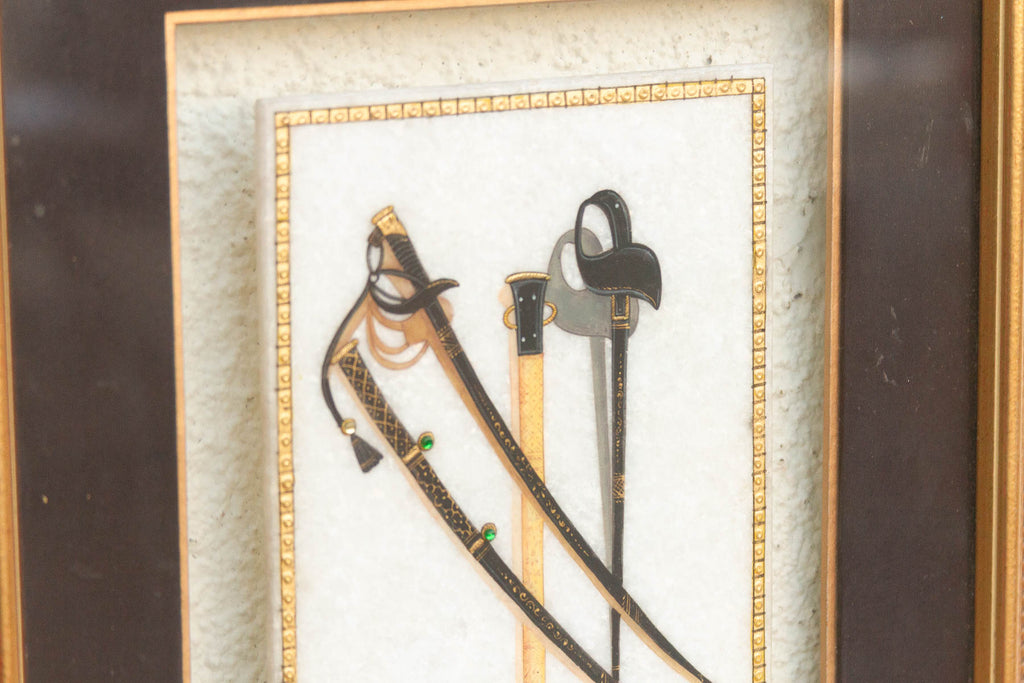 Vintage Indian Framed Art Ceremonial Crossed Swords (Trade)