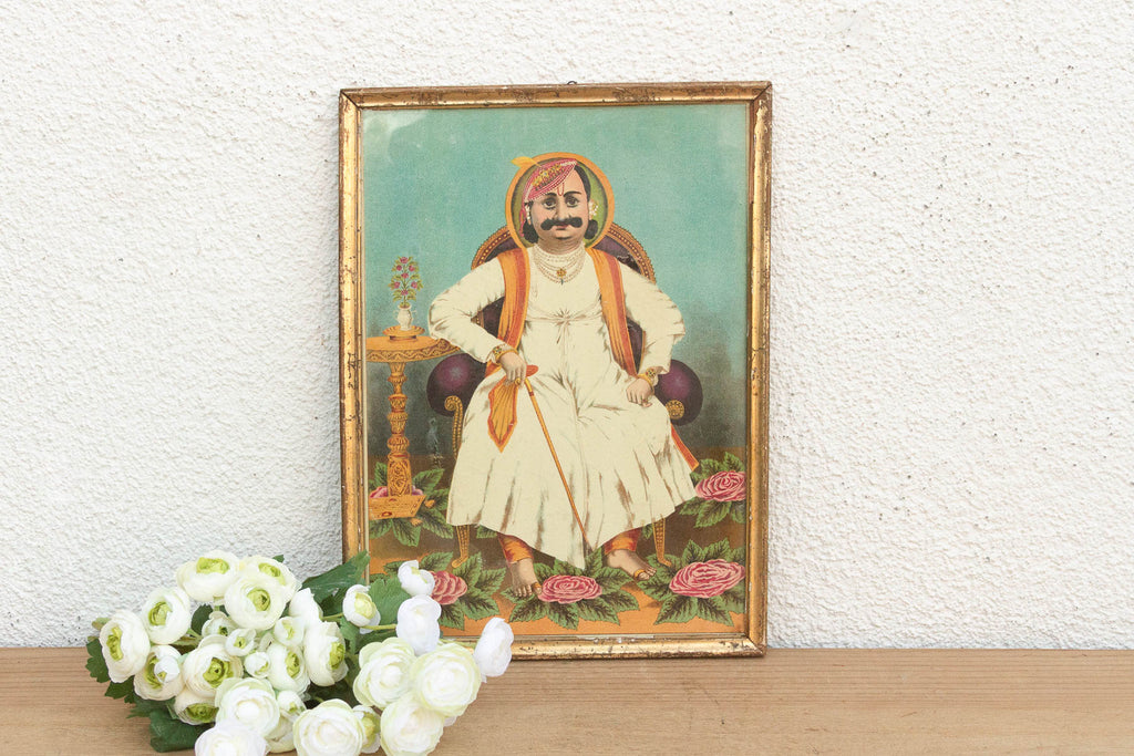Antique Indian Seated Maharaja Framed Portrait