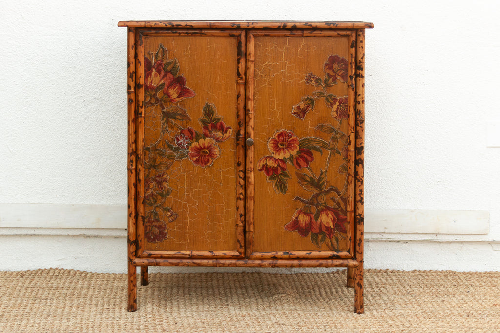 Vintage Bamboo Chinoiserie Cabinet w/Floral Applique