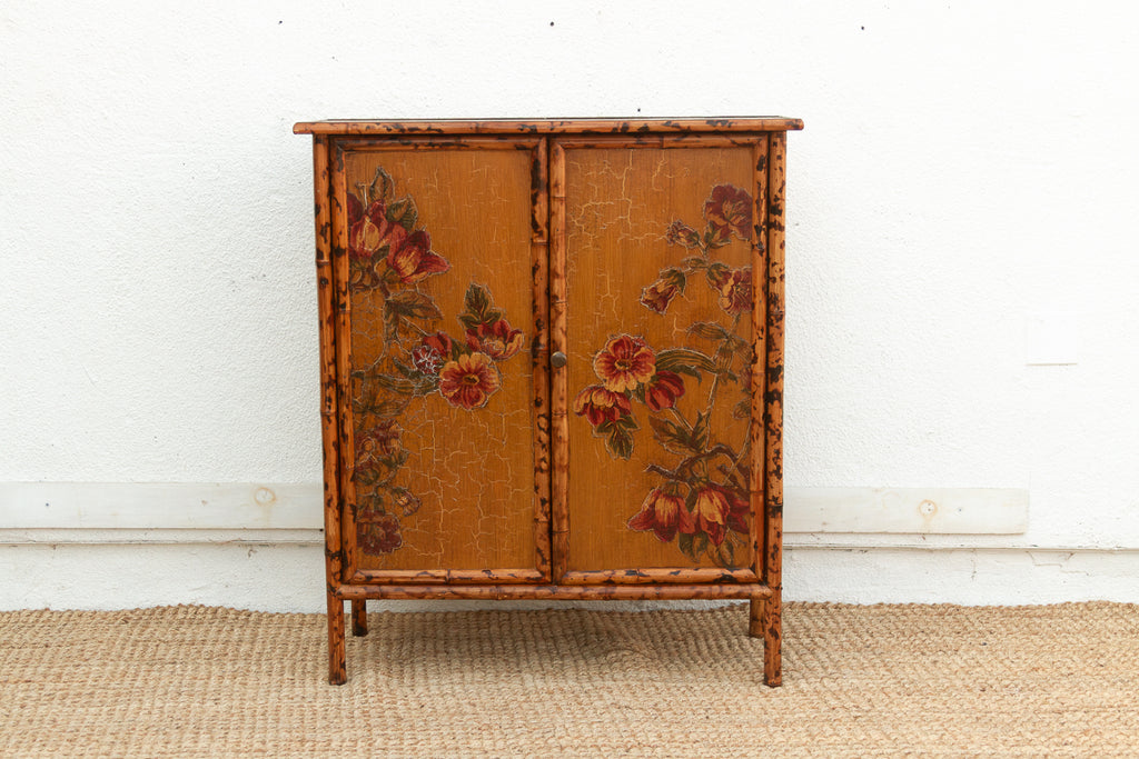 Vintage Bamboo Chinoiserie Cabinet w/Floral Applique
