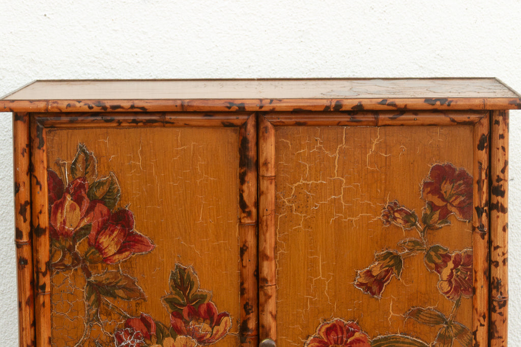 Vintage Bamboo Chinoiserie Cabinet w/Floral Applique