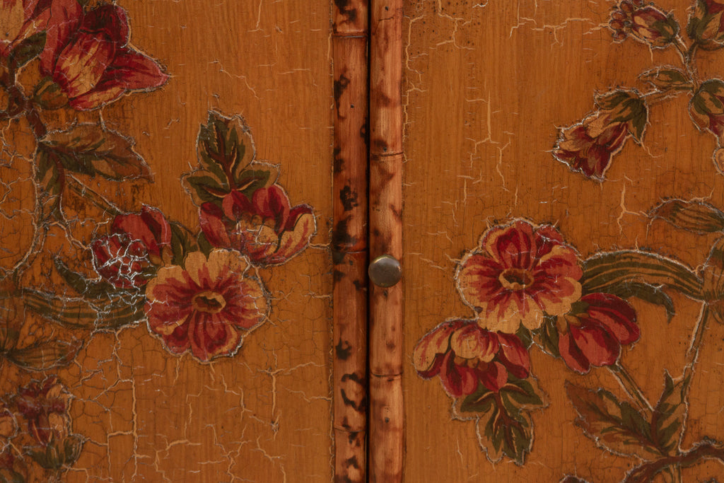 Vintage Bamboo Chinoiserie Cabinet w/Floral Applique