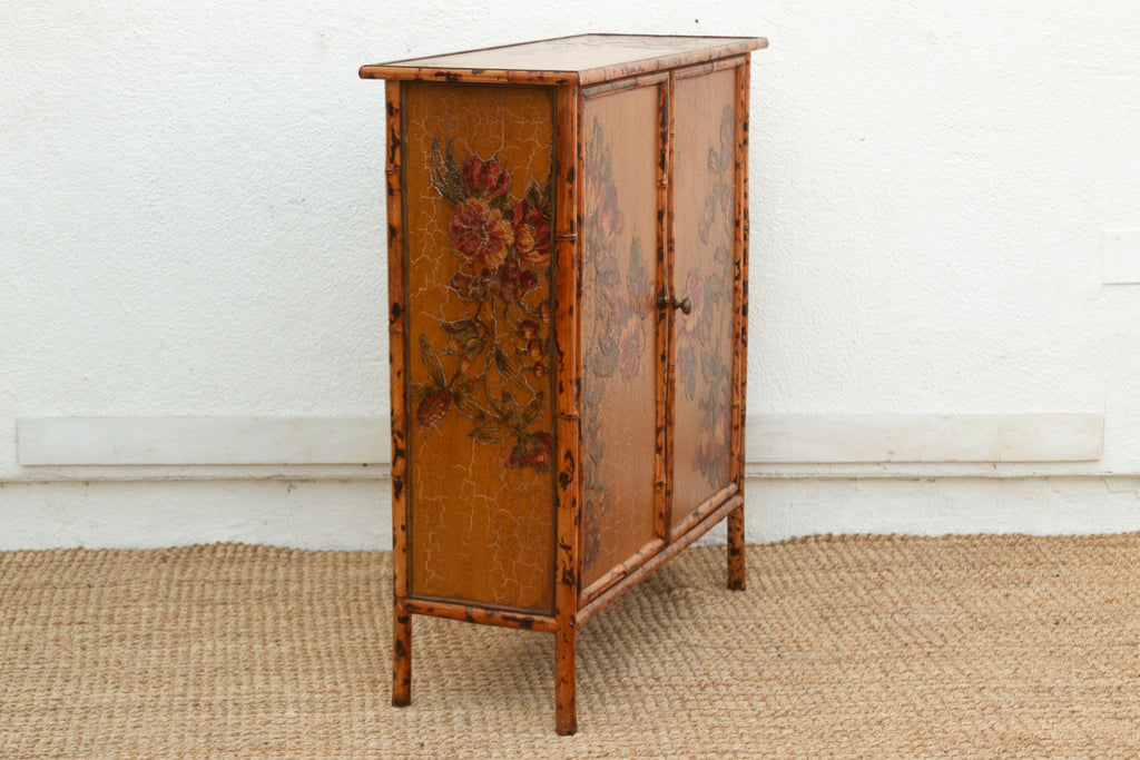 Vintage Bamboo Chinoiserie Cabinet w/Floral Applique