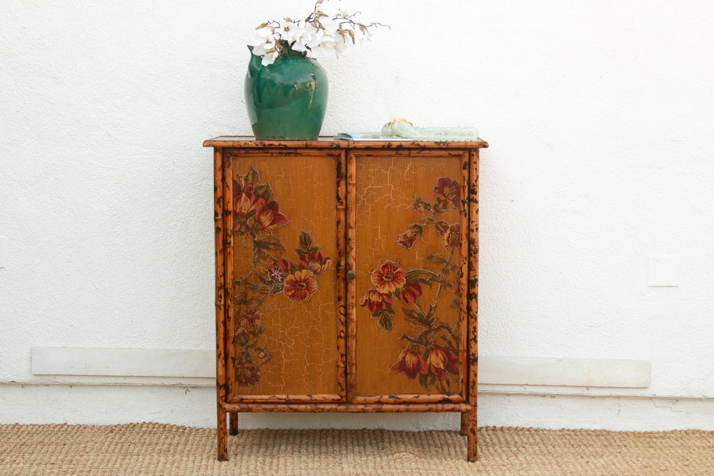 Vintage Bamboo Chinoiserie Cabinet w/Floral Applique