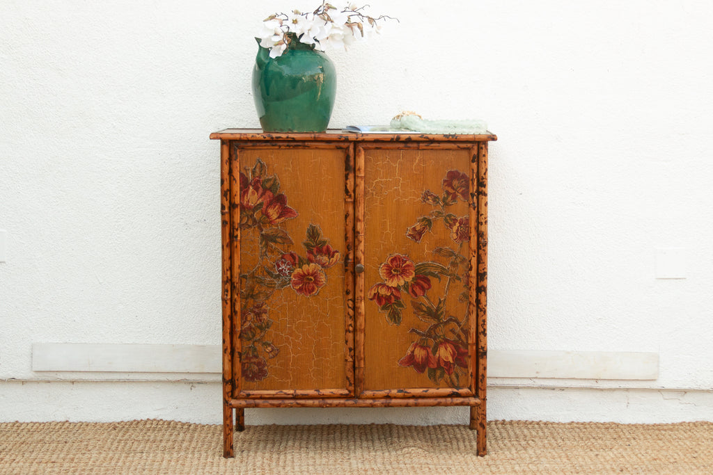 Vintage Bamboo Chinoiserie Cabinet w/Floral Applique