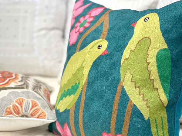 Tropical Green Birds Wool Embroidered Throw Pillow Cover