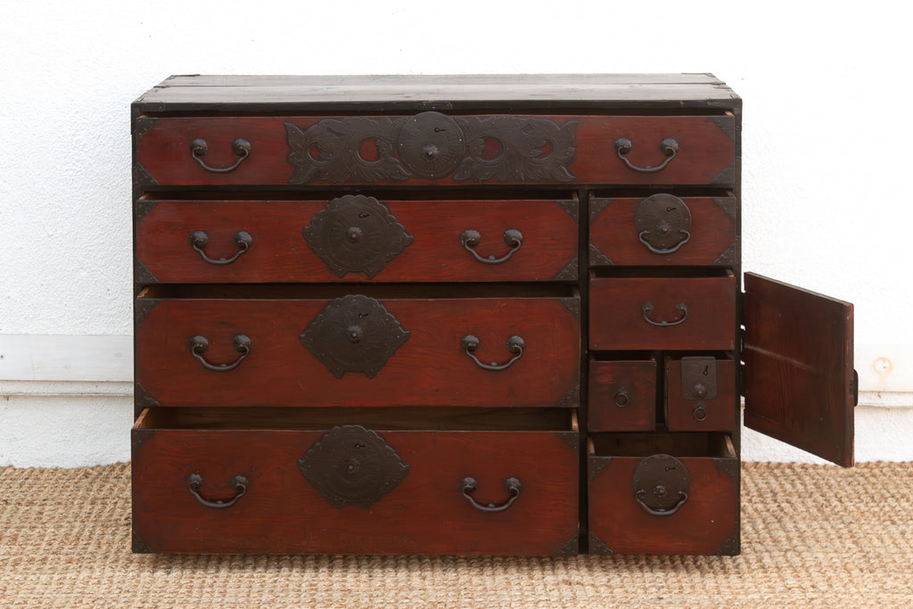 Antique Japanese Tansu Dresser | Red Lacquer Chest with Safe (47") DE-COR | Globally Inspired Antique Japanese Tansu Dresser | Red Lacquer Chest with Safe (47") DE-COR | Globally Inspired