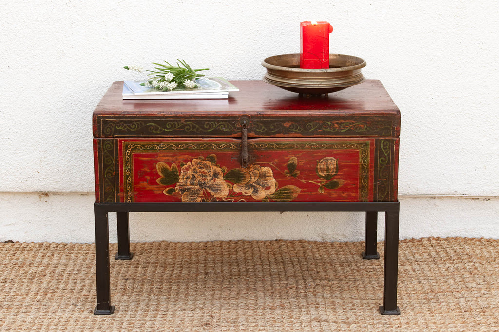 Vintage Painted Chest on Iron Stand End Table