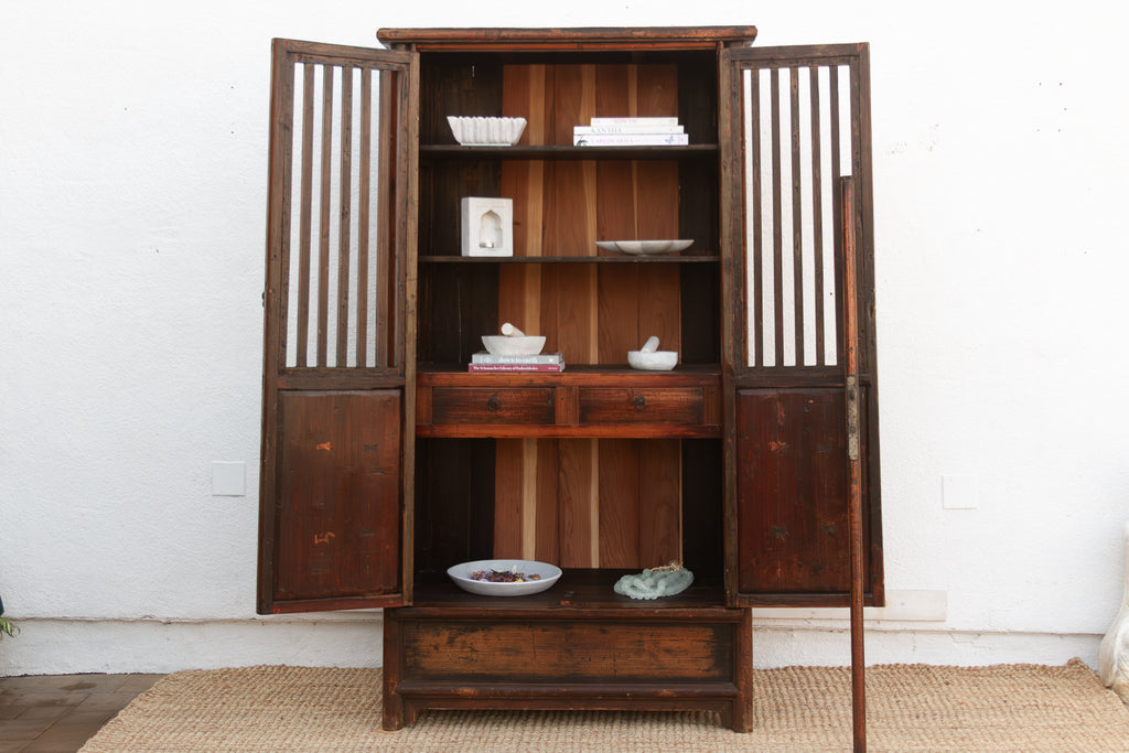 Tall Antique Chinese Lattice Noodle Cabinet