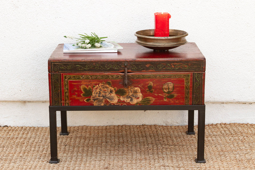 Vintage Painted Chest on Iron Stand End Table