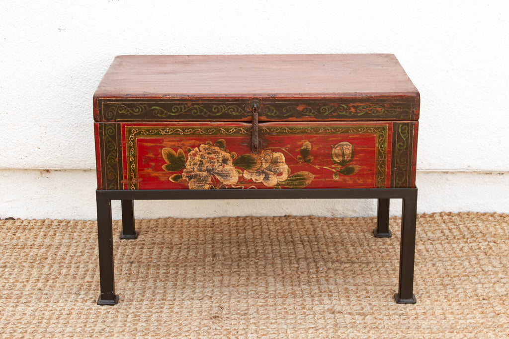 Vintage Painted Chest on Iron Stand End Table
