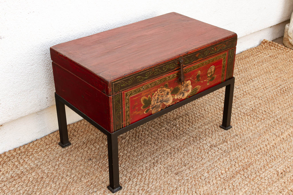 Vintage Painted Chest on Iron Stand End Table