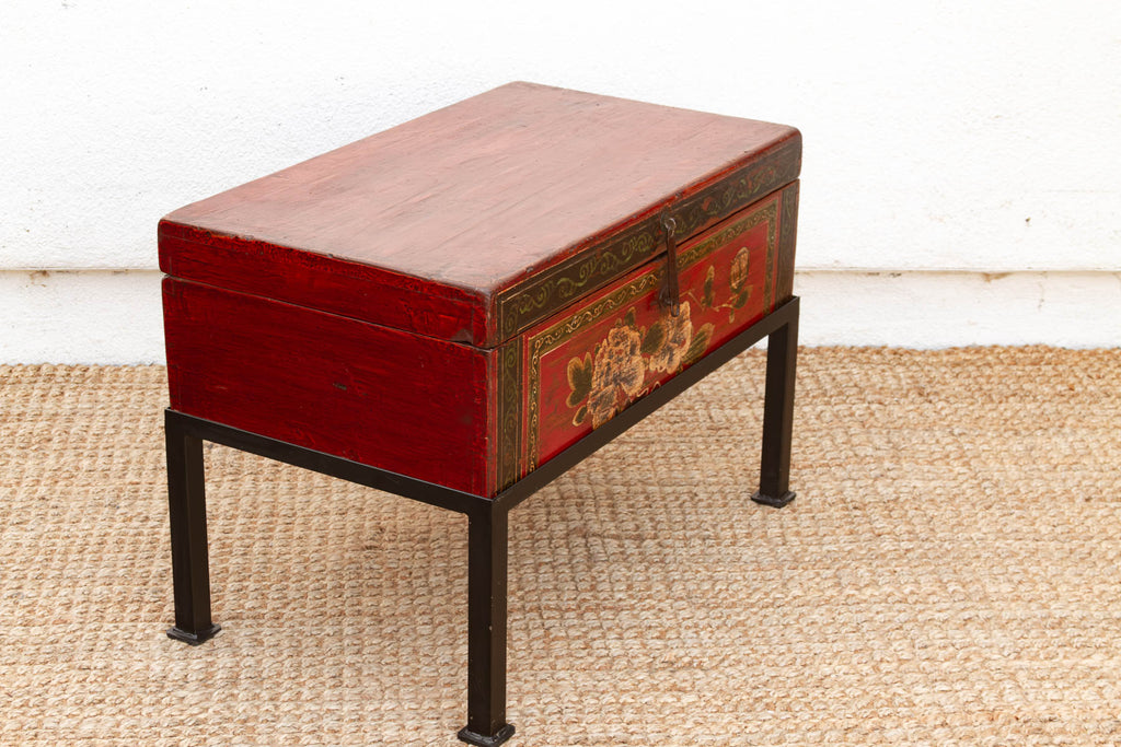 Vintage Painted Chest on Iron Stand End Table