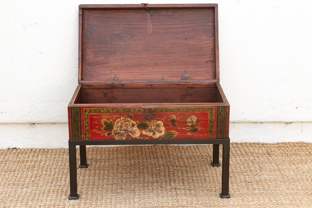 Vintage Painted Chest on Iron Stand End Table