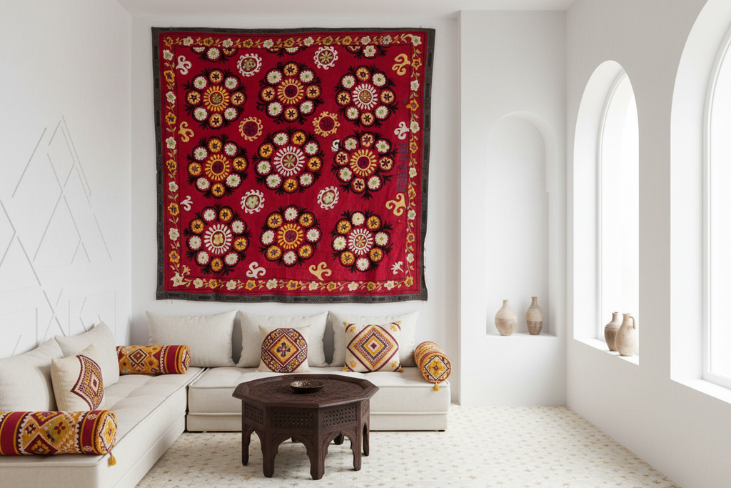 1970's Ruby Red Mandala Suzani Tapestry