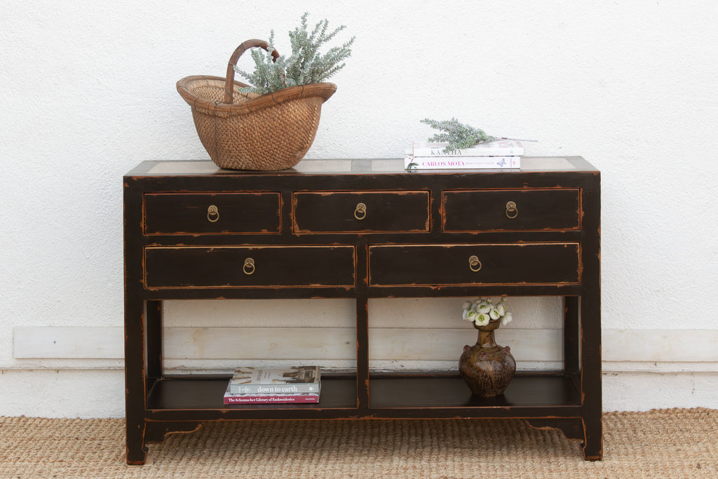 20th Century Black Lacquer Stone Top Console