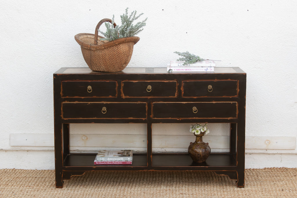 20th Century Black Lacquer Stone Top Console