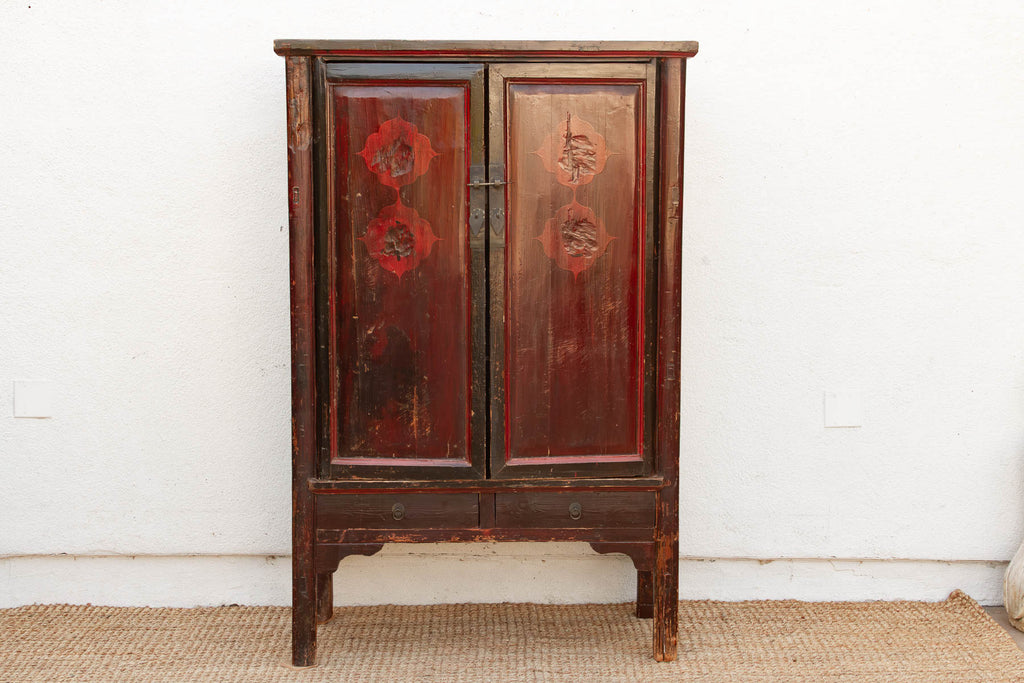 Antique Painted Medallions Red Lacquer Tall Cabinet
