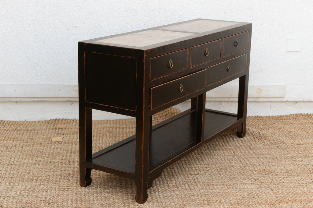 20th Century Black Lacquer Stone Top Console