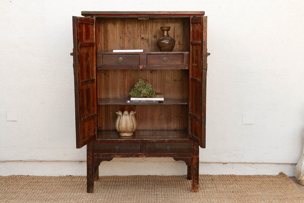 Antique Painted Medallions Red Lacquer Tall Cabinet