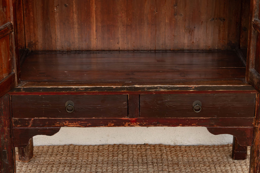 Antique Painted Medallions Red Lacquer Tall Cabinet