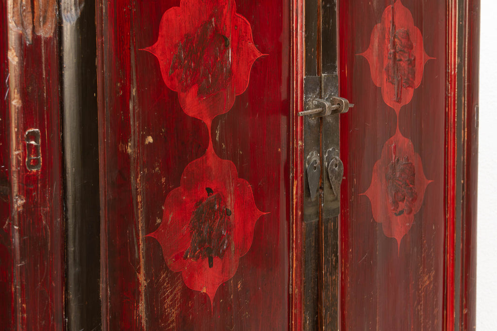 Antique Painted Medallions Red Lacquer Tall Cabinet