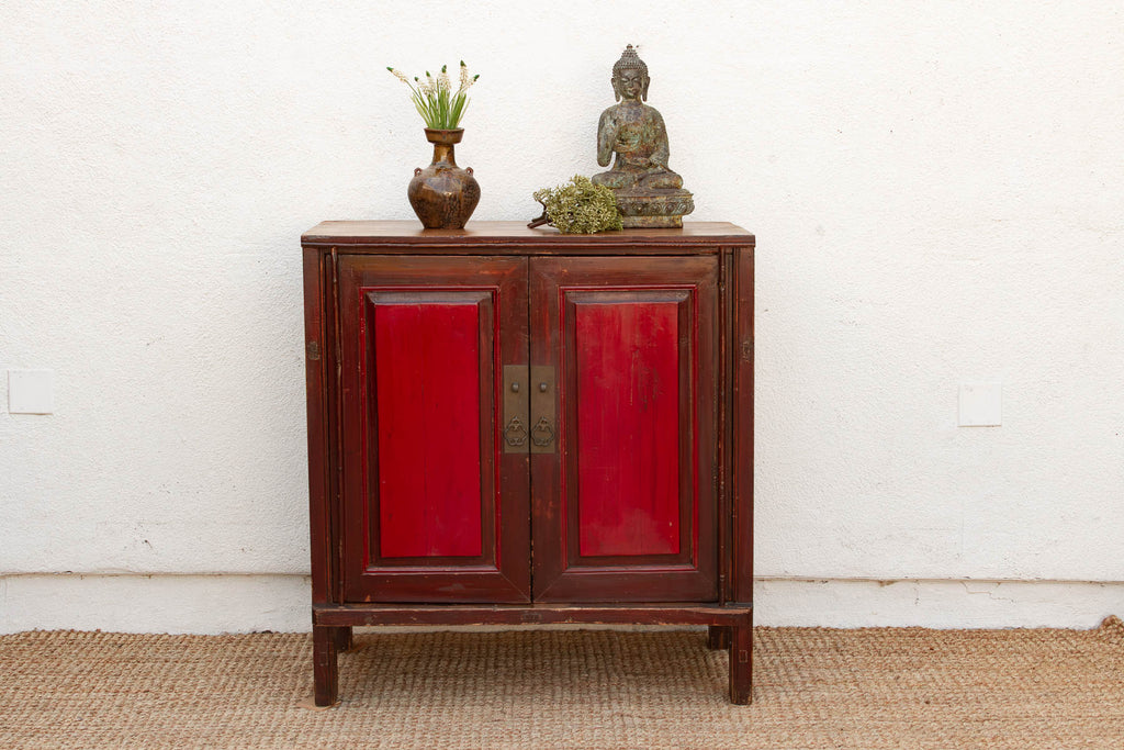 Painted Red Paneled Chinese Rustic Cabinet
