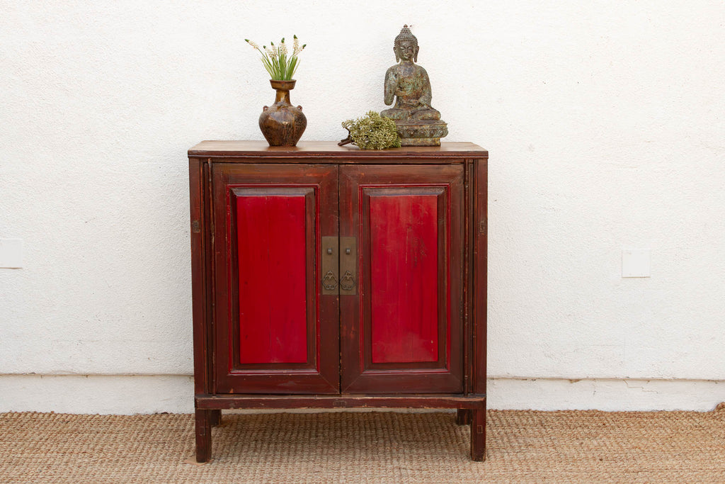 Painted Red Paneled Chinese Rustic Cabinet