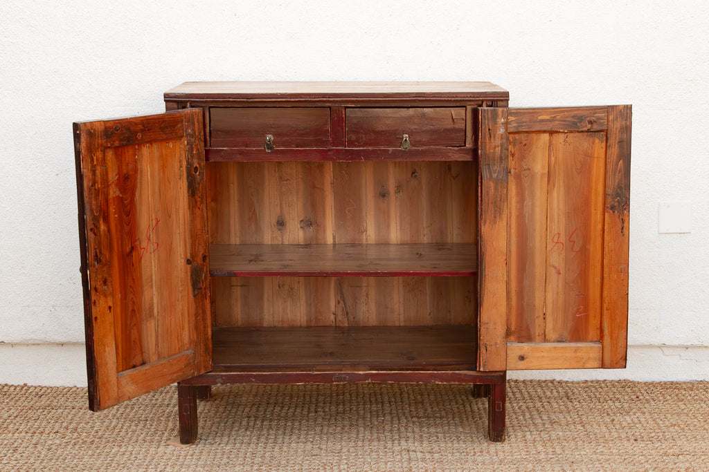 Painted Red Paneled Chinese Rustic Cabinet