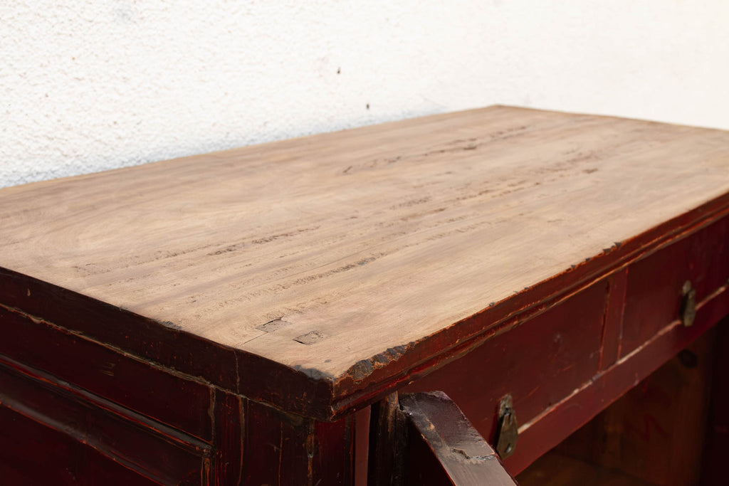 Painted Red Paneled Chinese Rustic Cabinet