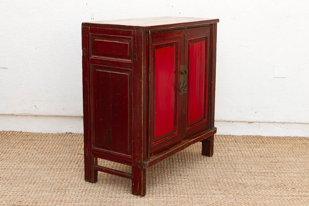 Painted Red Paneled Chinese Rustic Cabinet