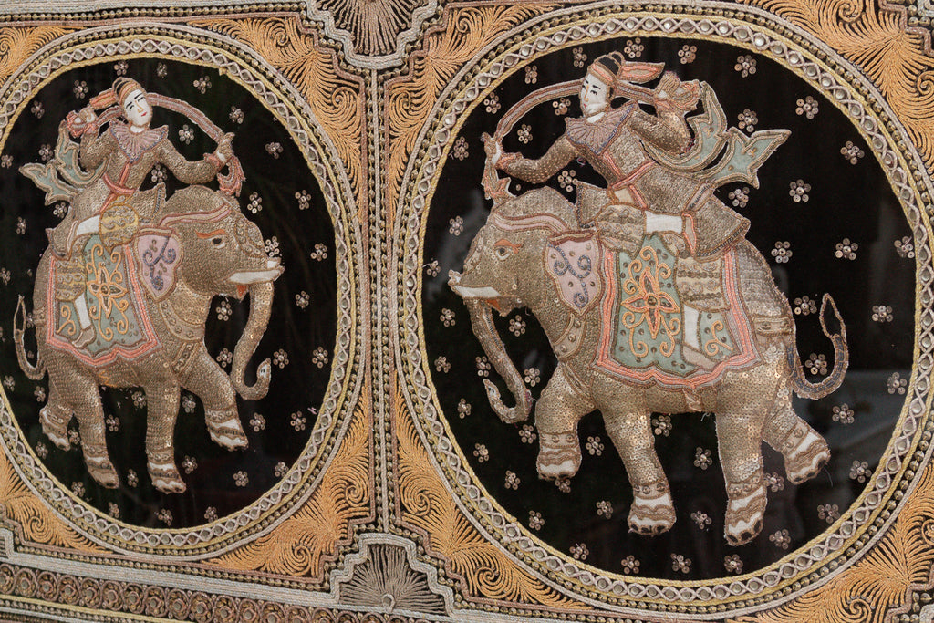 Large Framed Burmese Kalaga Elephants Tapestry