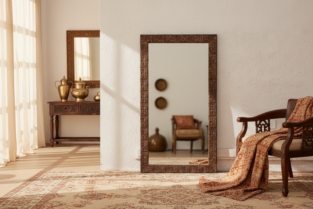 Large Antique Pressed Tin Tile Floor Mirror